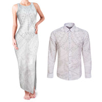American Samoa White Sunday Couples Matching Tank Maxi Dress and Long Sleeve Button Shirt Lotu Tamaiti Plumeria With Samoan Pattern LT14 White - Polynesian Pride