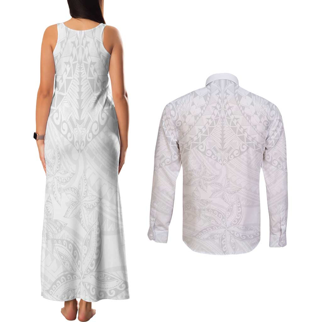 American Samoa White Sunday Couples Matching Tank Maxi Dress and Long Sleeve Button Shirt Lotu Tamaiti Plumeria With Samoan Pattern LT14 - Polynesian Pride