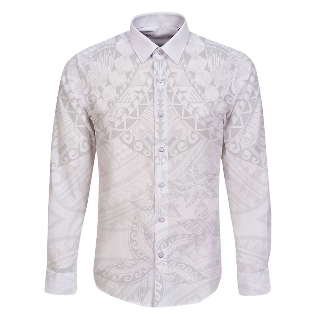 American Samoa White Sunday Family Matching Off Shoulder Maxi Dress and Hawaiian Shirt Lotu Tamaiti Plumeria With Samoan Pattern LT14 Dad's Shirt - Long Sleeve White - Polynesian Pride