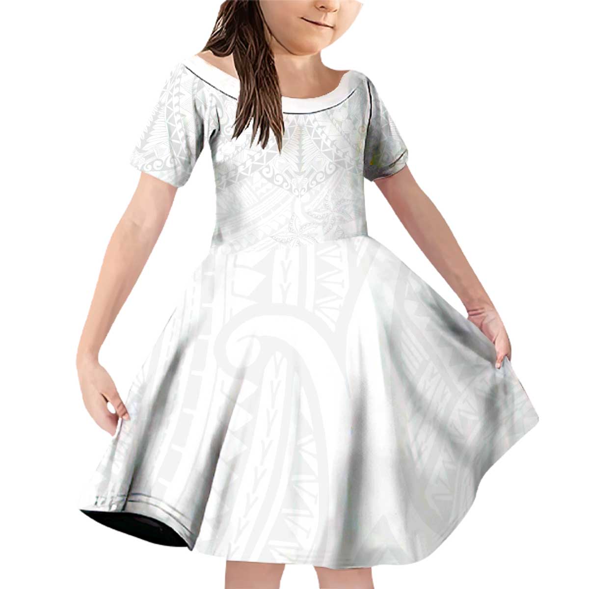 American Samoa White Sunday Family Matching Off Shoulder Short Dress and Hawaiian Shirt Lotu Tamaiti Plumeria With Samoan Pattern LT14 Daughter's Dress White - Polynesian Pride