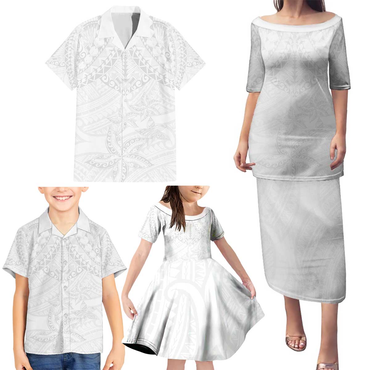 American Samoa White Sunday Family Matching Puletasi and Hawaiian Shirt Lotu Tamaiti Plumeria With Samoan Pattern LT14 - Polynesian Pride