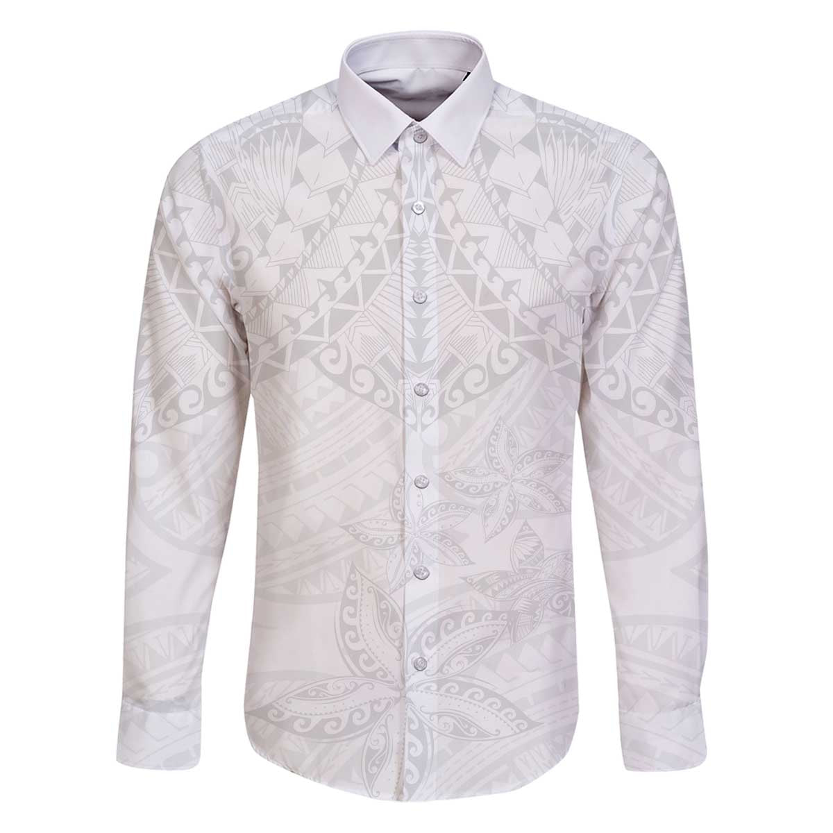 American Samoa White Sunday Family Matching Puletasi and Hawaiian Shirt Lotu Tamaiti Plumeria With Samoan Pattern LT14 Dad's Shirt - Long Sleeve White - Polynesian Pride