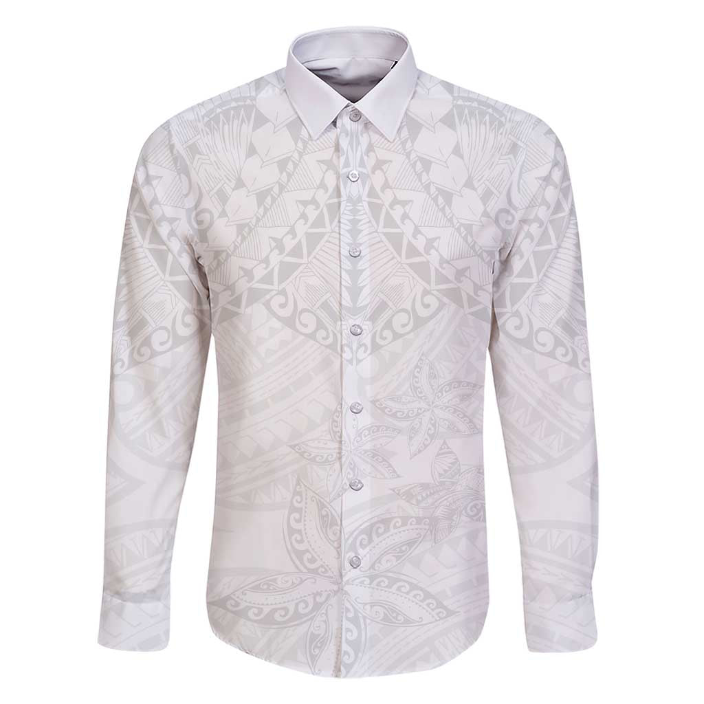 American Samoa White Sunday Family Matching Short Sleeve Bodycon Dress and Hawaiian Shirt Lotu Tamaiti Plumeria With Samoan Pattern LT14 Dad's Shirt - Long Sleeve White - Polynesian Pride