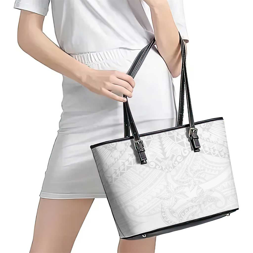 American Samoa White Sunday Leather Tote Bag Lotu Tamaiti Plumeria With Samoan Pattern
