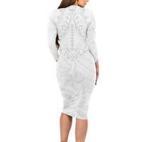 American Samoa White Sunday Long Sleeve Bodycon Dress Lotu Tamaiti Plumeria With Samoan Pattern LT14 - Polynesian Pride