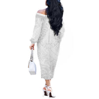 American Samoa White Sunday Off The Shoulder Long Sleeve Dress Lotu Tamaiti Plumeria With Samoan Pattern LT14 - Polynesian Pride