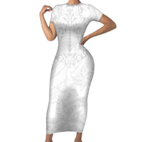 American Samoa White Sunday Short Sleeve Bodycon Dress Lotu Tamaiti Plumeria With Samoan Pattern LT14 Long Dress White - Polynesian Pride