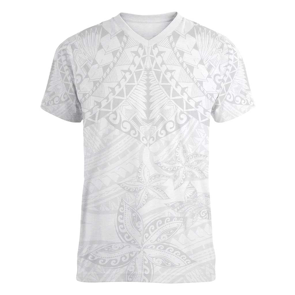 American Samoa White Sunday Women V-Neck T-Shirt Lotu Tamaiti Plumeria With Samoan Pattern LT14 Female White - Polynesian Pride