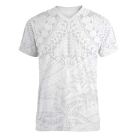 American Samoa White Sunday Women V-Neck T-Shirt Lotu Tamaiti Plumeria With Samoan Pattern LT14 Female White - Polynesian Pride