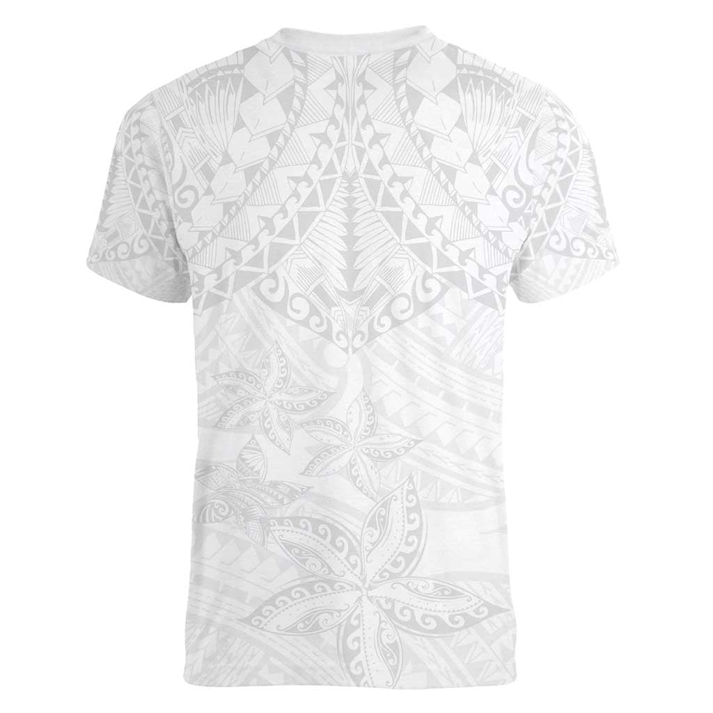 American Samoa White Sunday Women V-Neck T-Shirt Lotu Tamaiti Plumeria With Samoan Pattern LT14 - Polynesian Pride