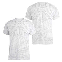American Samoa White Sunday Women V-Neck T-Shirt Lotu Tamaiti Plumeria With Samoan Pattern LT14 - Polynesian Pride