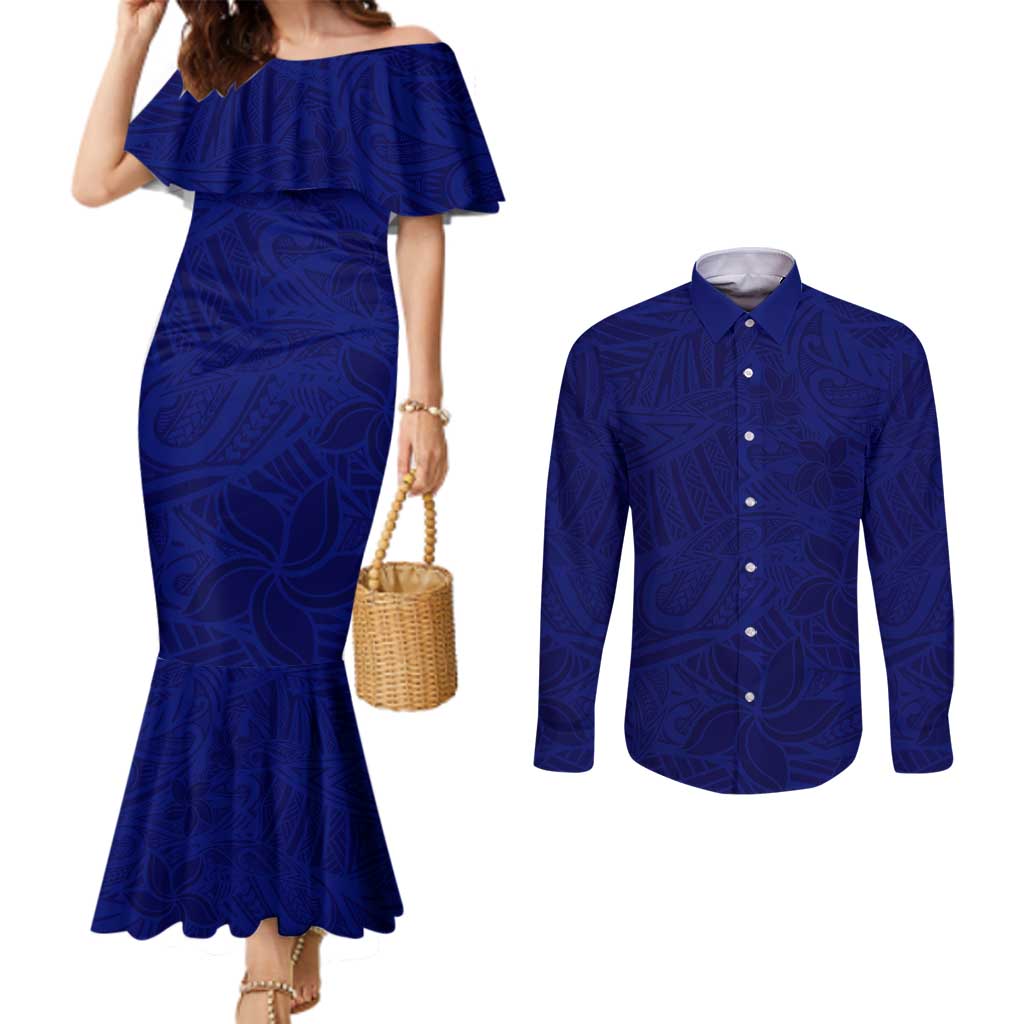 Blue Polynesia Couples Matching Mermaid Dress and Long Sleeve Button Shirt Polynesian Pattern Mix Plumeria