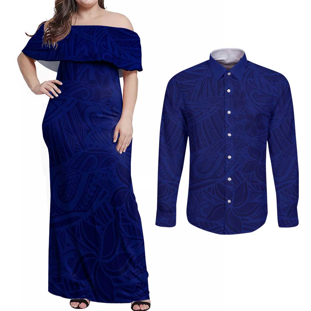 Blue Polynesia Couples Matching Off Shoulder Maxi Dress and Long Sleeve Button Shirt Polynesian Pattern Mix Plumeria
