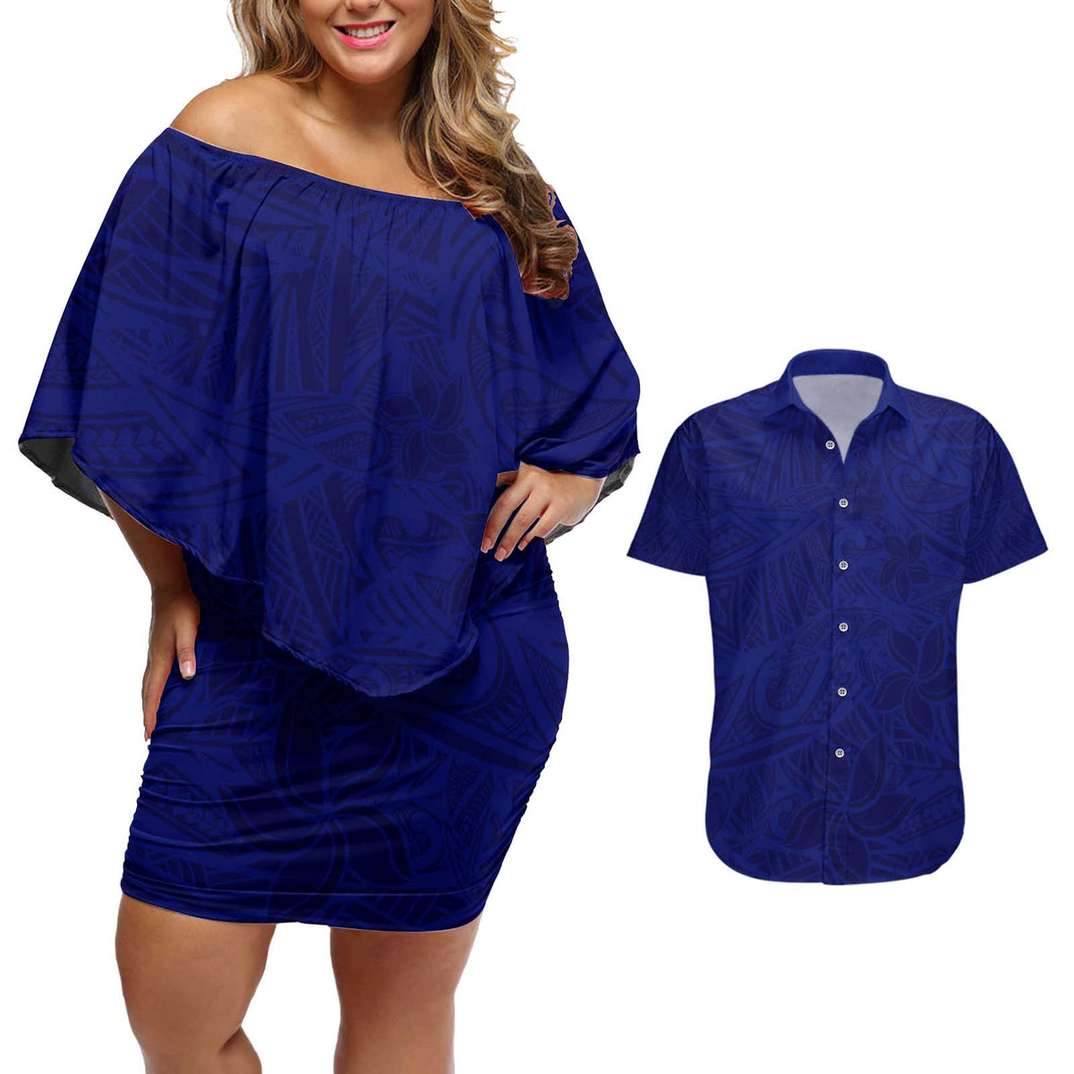 Blue Polynesia Couples Matching Off Shoulder Short Dress and Hawaiian Shirt Polynesian Pattern Mix Plumeria