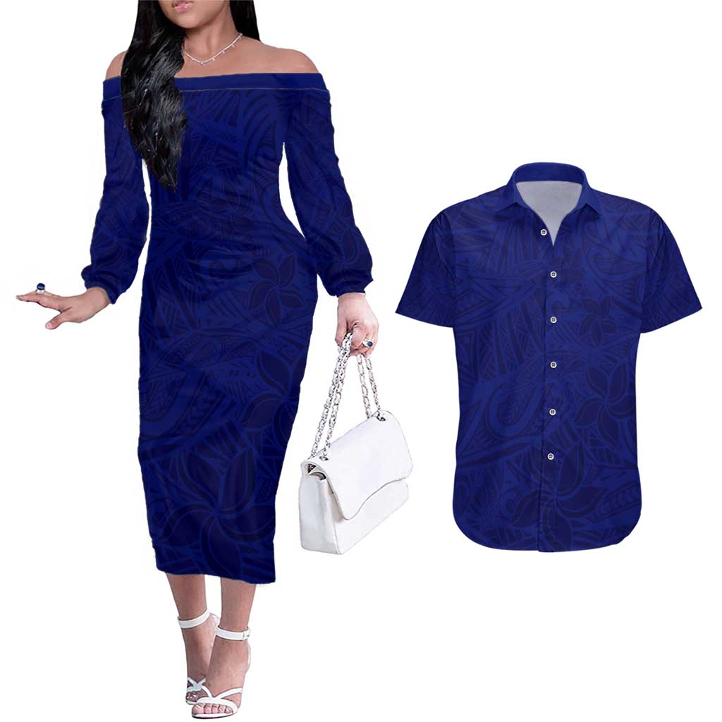 Blue Polynesia Couples Matching Off The Shoulder Long Sleeve Dress and Hawaiian Shirt Polynesian Pattern Mix Plumeria