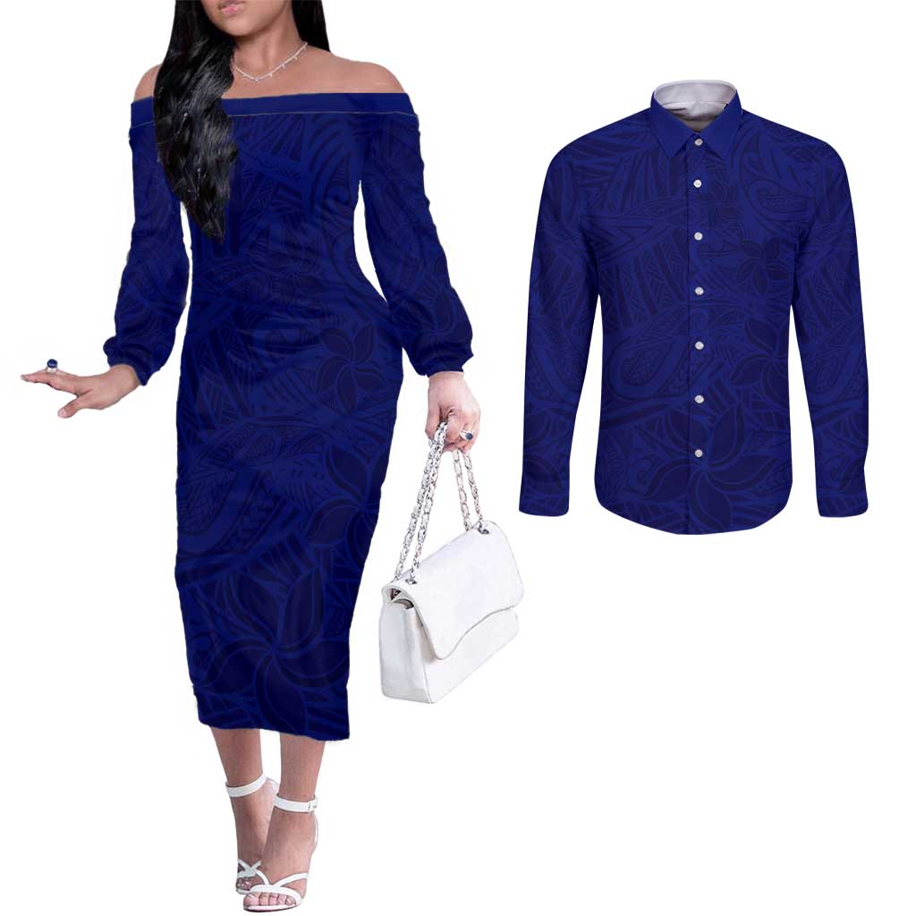 Blue Polynesia Couples Matching Off The Shoulder Long Sleeve Dress and Long Sleeve Button Shirt Polynesian Pattern Mix Plumeria