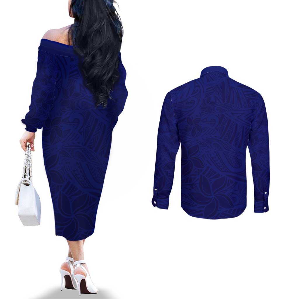 Blue Polynesia Couples Matching Off The Shoulder Long Sleeve Dress and Long Sleeve Button Shirt Polynesian Pattern Mix Plumeria