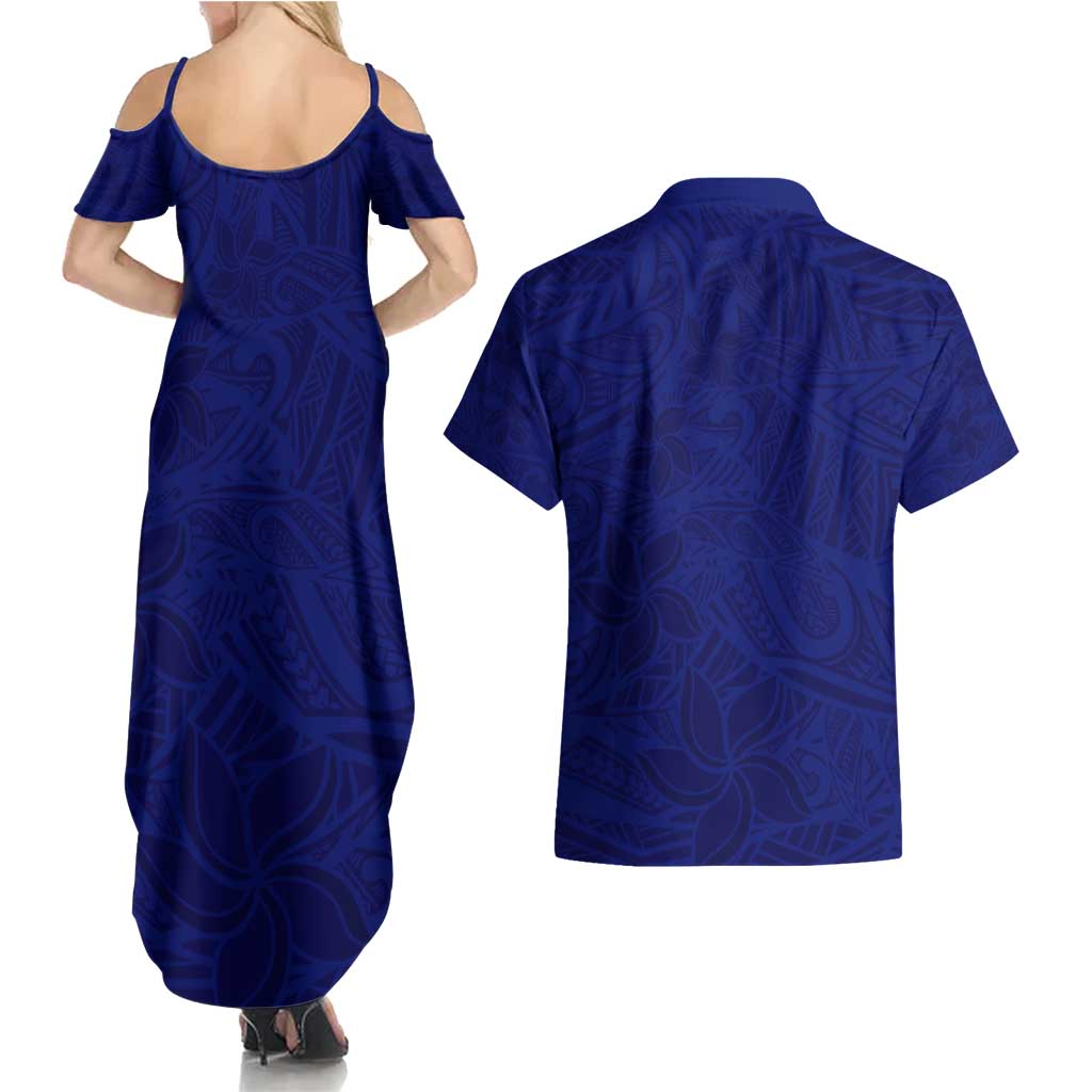 Blue Polynesia Couples Matching Summer Maxi Dress and Hawaiian Shirt Polynesian Pattern Mix Plumeria