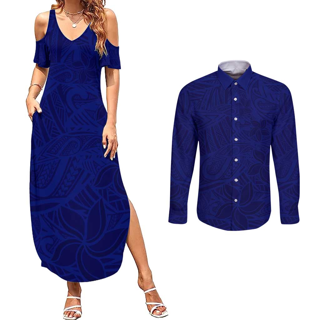 Blue Polynesia Couples Matching Summer Maxi Dress and Long Sleeve Button Shirt Polynesian Pattern Mix Plumeria