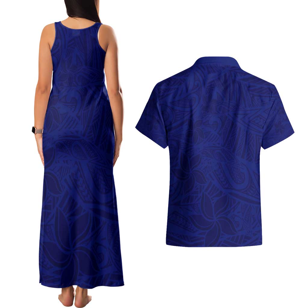 Blue Polynesia Couples Matching Tank Maxi Dress and Hawaiian Shirt Polynesian Pattern Mix Plumeria