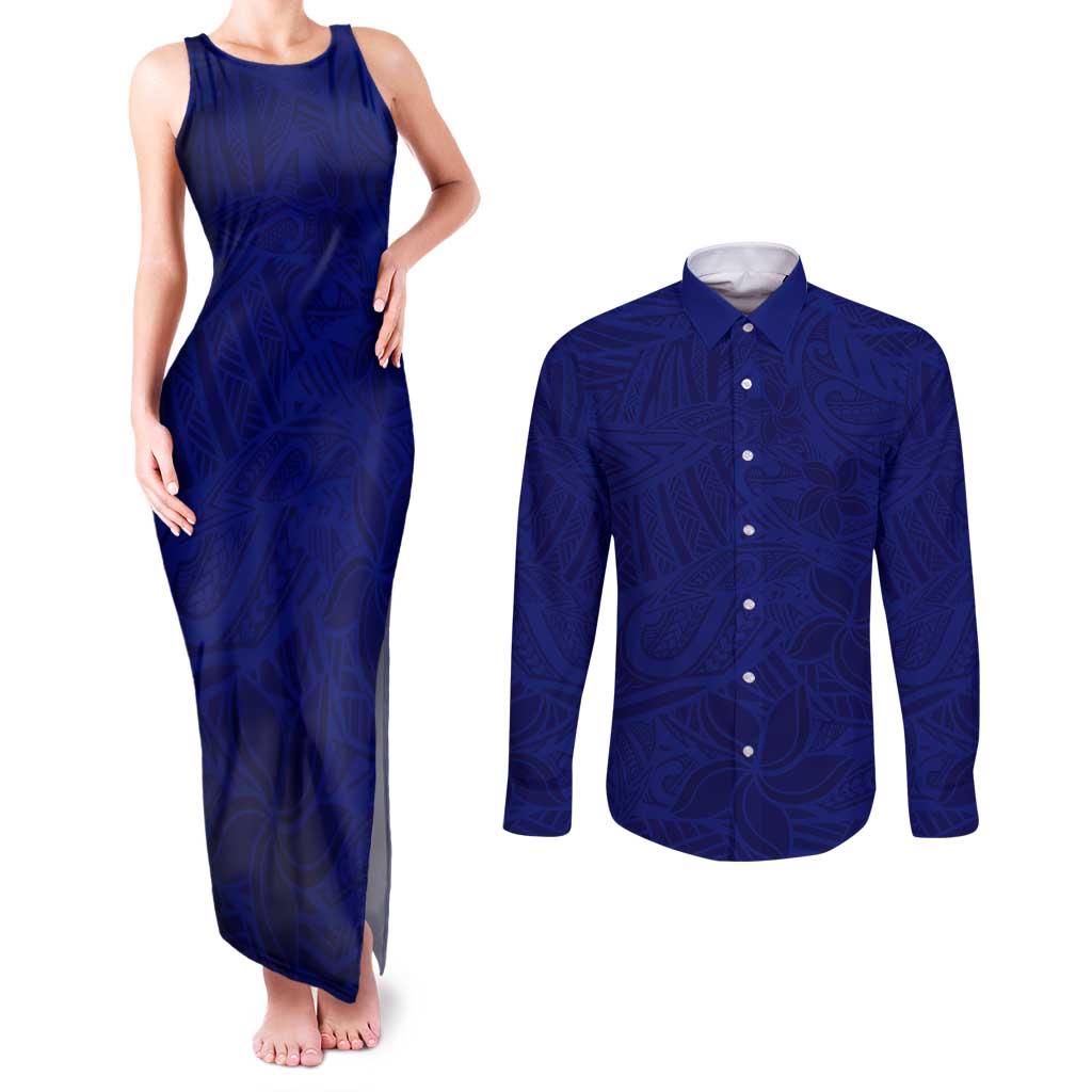 Blue Polynesia Couples Matching Tank Maxi Dress and Long Sleeve Button Shirt Polynesian Pattern Mix Plumeria