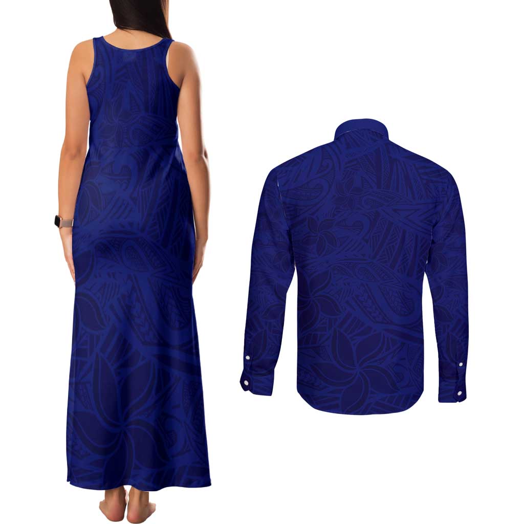 Blue Polynesia Couples Matching Tank Maxi Dress and Long Sleeve Button Shirt Polynesian Pattern Mix Plumeria