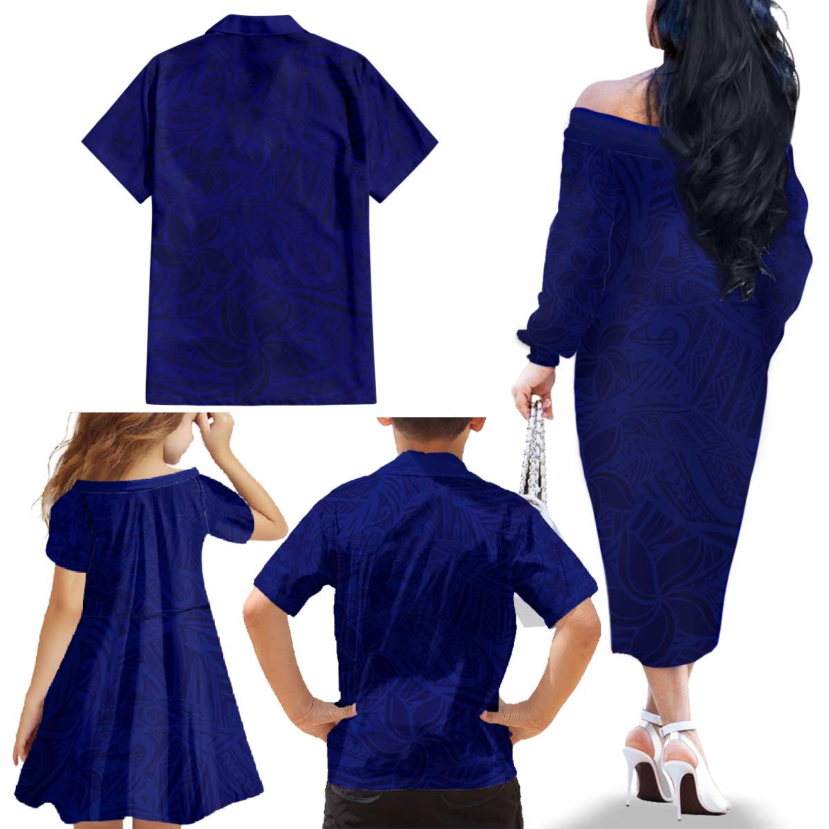 Blue Polynesia Family Matching Off The Shoulder Long Sleeve Dress and Hawaiian Shirt Polynesian Pattern Mix Plumeria LT14 - Polynesian Pride