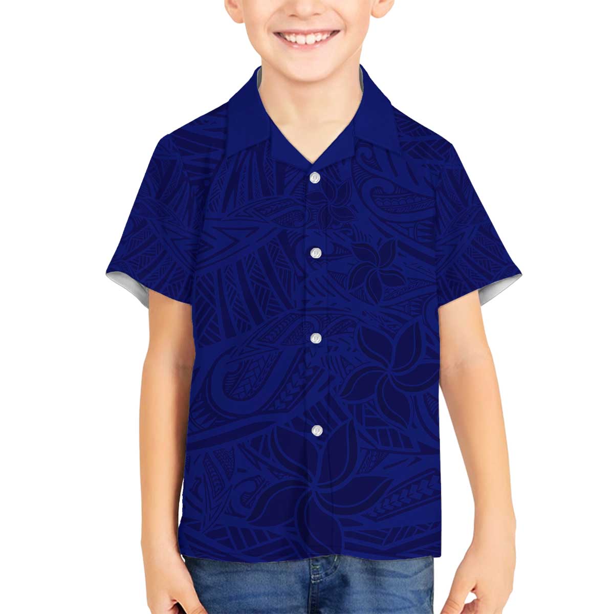 Blue Polynesia Family Matching Off Shoulder Short Dress and Hawaiian Shirt Polynesian Pattern Mix Plumeria