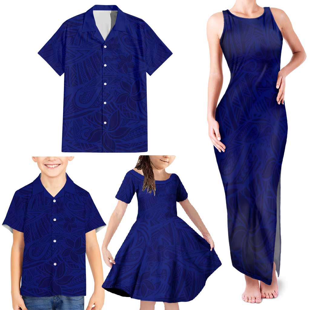 Blue Polynesia Family Matching Tank Maxi Dress and Hawaiian Shirt Polynesian Pattern Mix Plumeria