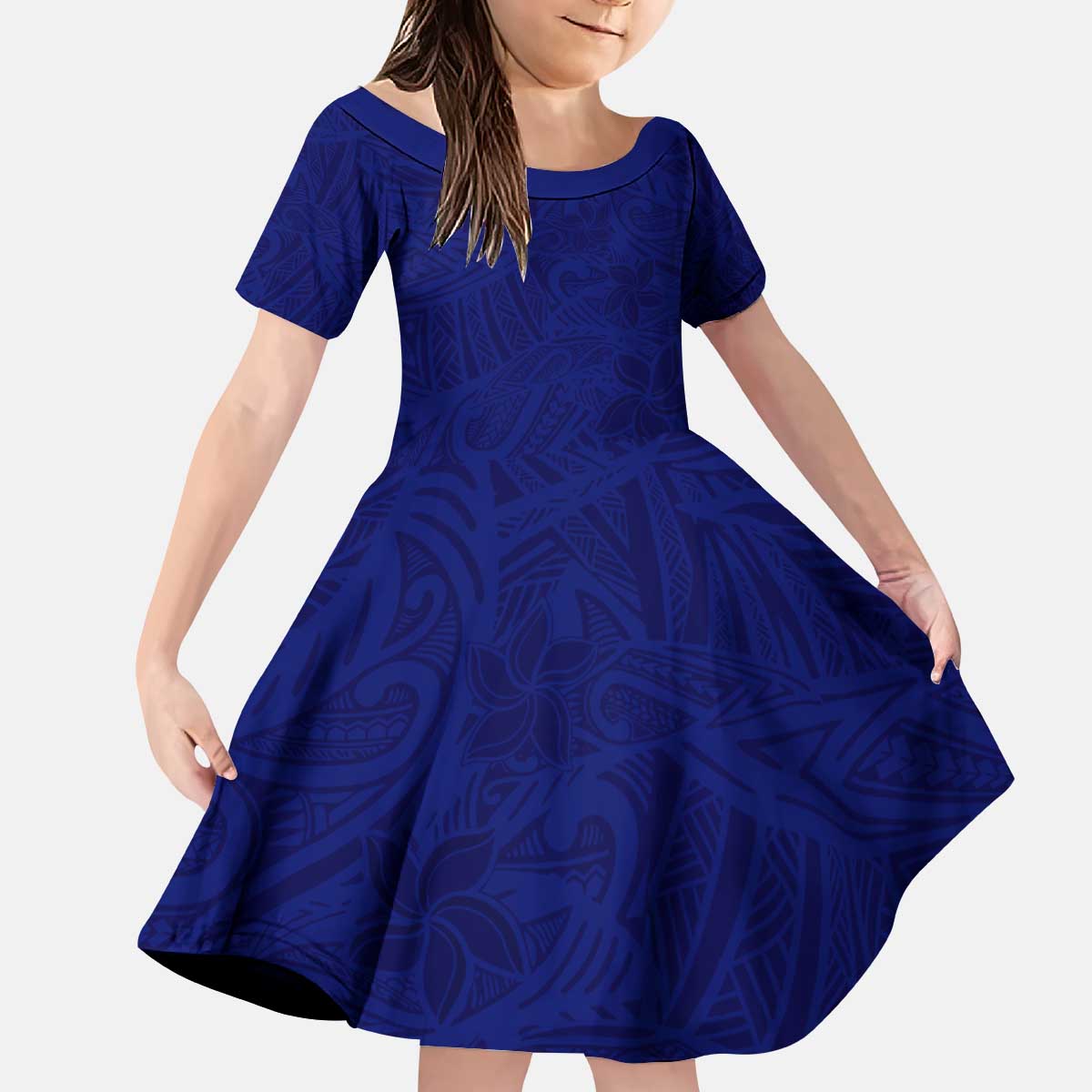 Blue Polynesia Kid Short Sleeve Dress Polynesian Pattern Mix Plumeria