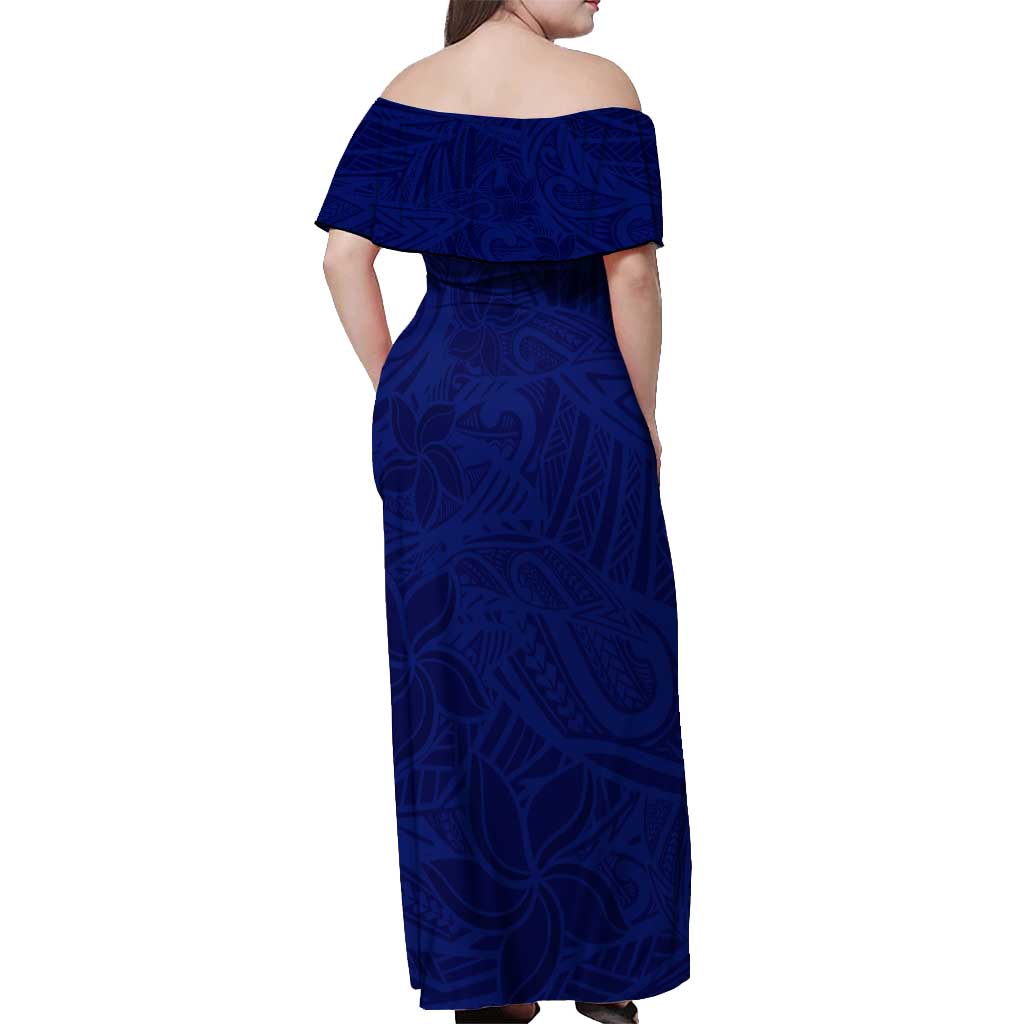 Blue Polynesia Off Shoulder Maxi Dress Polynesian Pattern Mix Plumeria