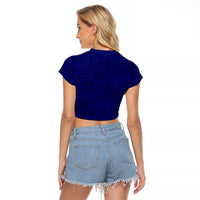 Blue Polynesia Raglan Cropped T Shirt Polynesian Pattern Mix Plumeria