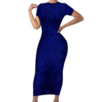 Blue Polynesia Short Sleeve Bodycon Dress Polynesian Pattern Mix Plumeria