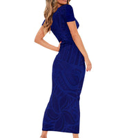 Blue Polynesia Short Sleeve Bodycon Dress Polynesian Pattern Mix Plumeria