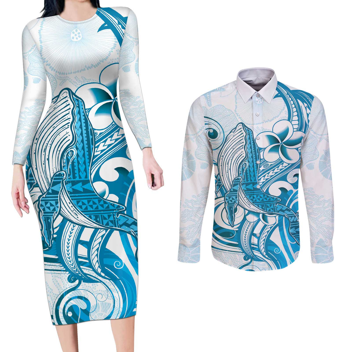 Blue Hawaii Humpback Whale Couples Matching Long Sleeve Bodycon Dress and Long Sleeve Button Shirt Polynesian Tribal Ocean Vibes
