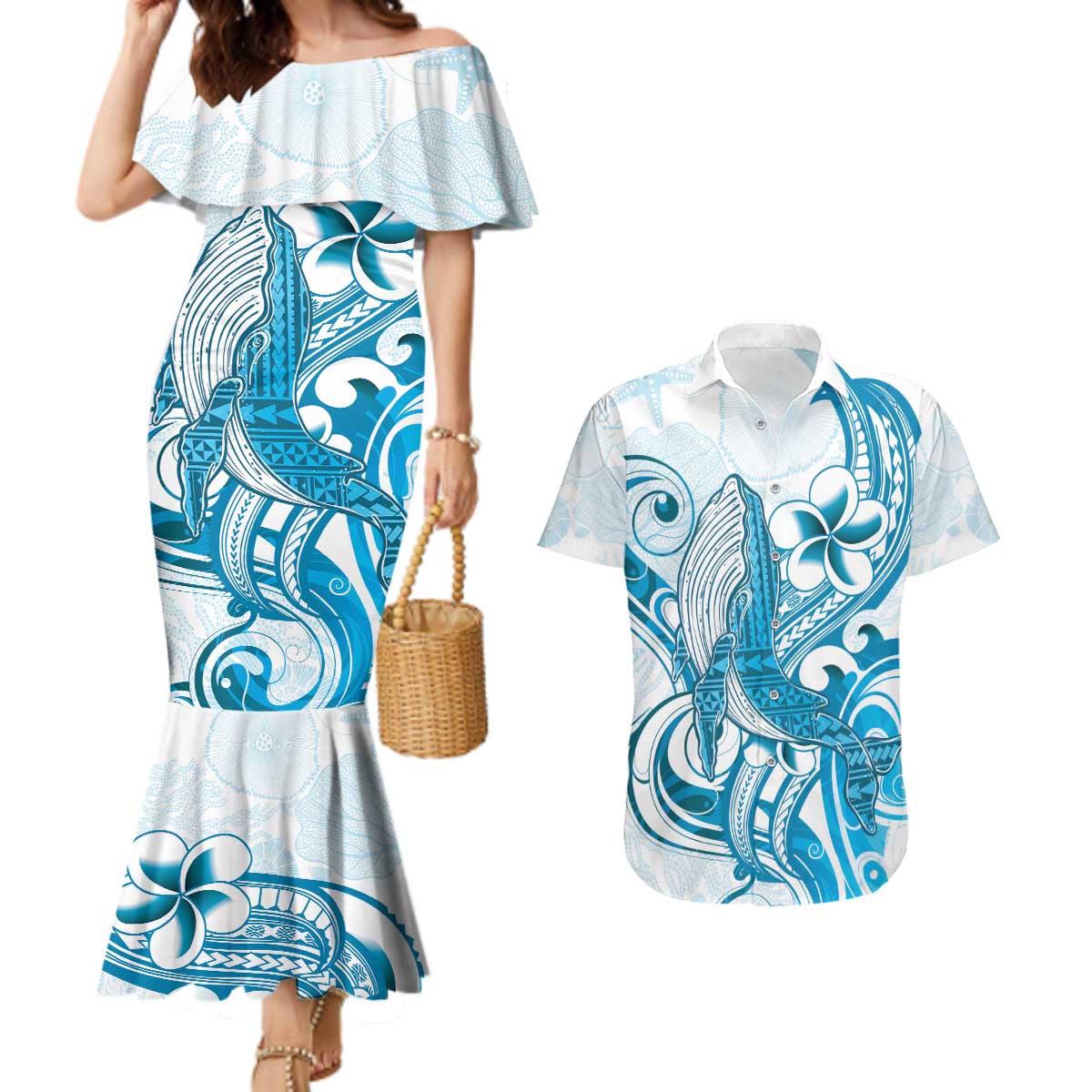 Blue Hawaii Humpback Whale Couples Matching Mermaid Dress and Hawaiian Shirt Polynesian Tribal Ocean Vibes LT14 Blue - Polynesian Pride