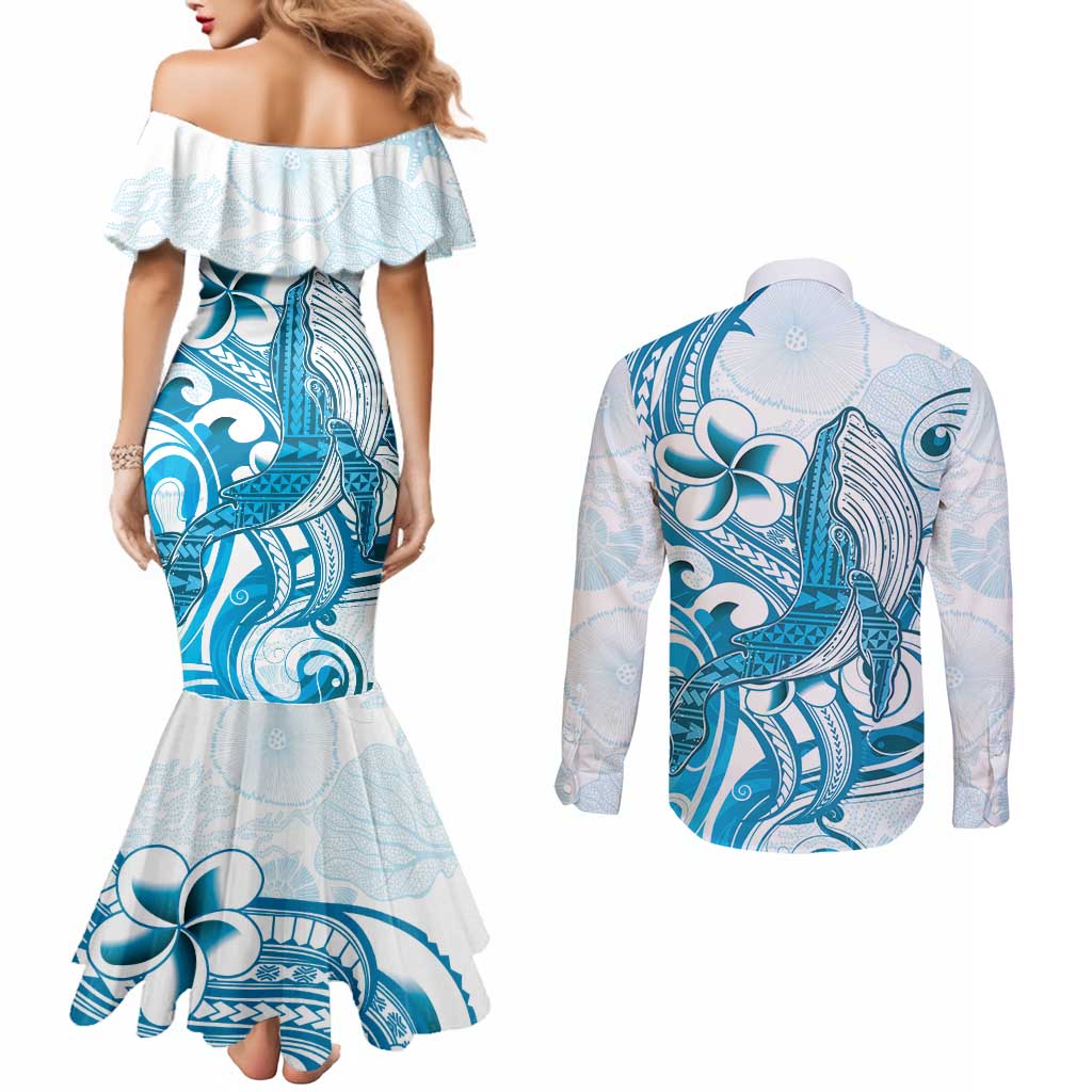 Blue Hawaii Humpback Whale Couples Matching Mermaid Dress and Long Sleeve Button Shirt Polynesian Tribal Ocean Vibes