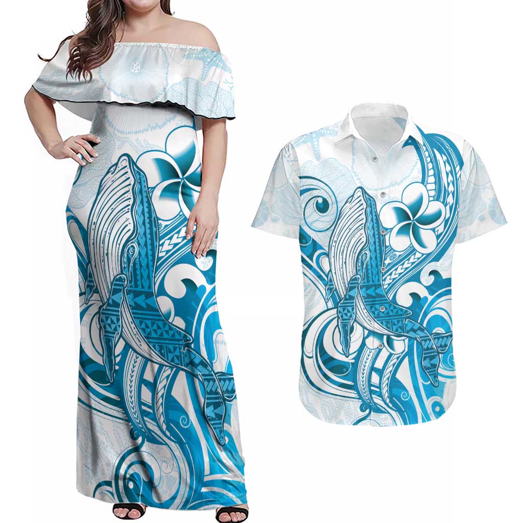 Blue Hawaii Humpback Whale Couples Matching Off Shoulder Maxi Dress and Hawaiian Shirt Polynesian Tribal Ocean Vibes LT14 Blue - Polynesian Pride