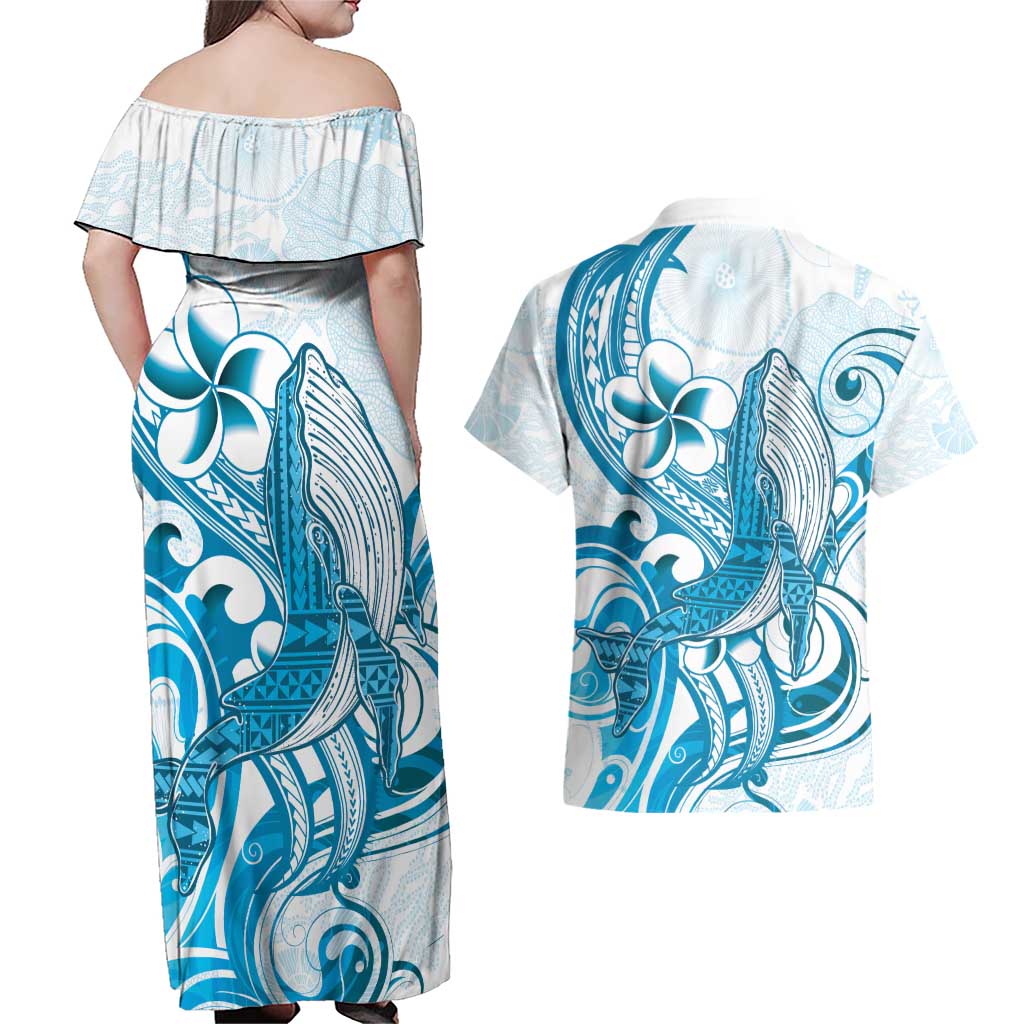 Blue Hawaii Humpback Whale Couples Matching Off Shoulder Maxi Dress and Hawaiian Shirt Polynesian Tribal Ocean Vibes LT14 - Polynesian Pride