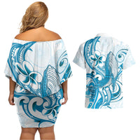 Blue Hawaii Humpback Whale Couples Matching Off Shoulder Short Dress and Hawaiian Shirt Polynesian Tribal Ocean Vibes