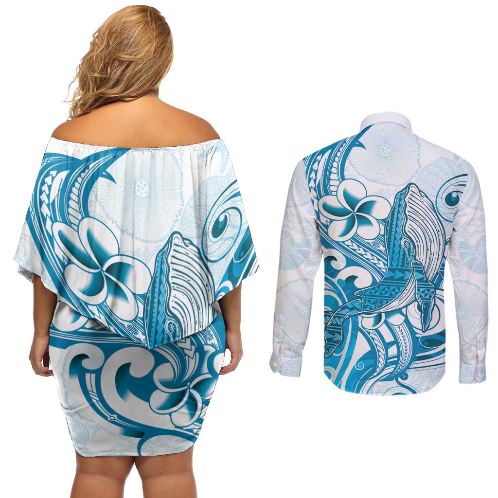 Blue Hawaii Humpback Whale Couples Matching Off Shoulder Short Dress and Long Sleeve Button Shirt Polynesian Tribal Ocean Vibes