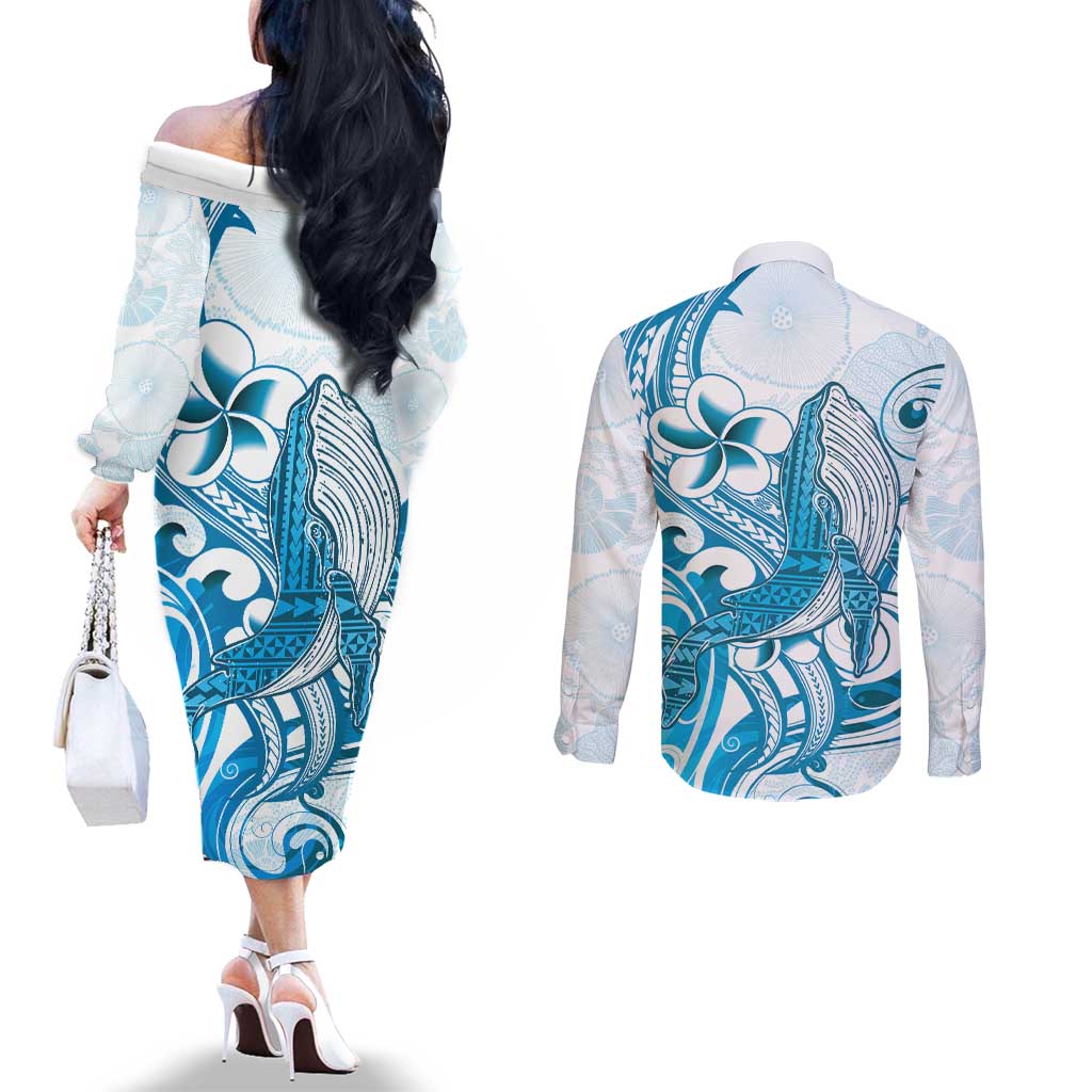 Blue Hawaii Humpback Whale Couples Matching Off The Shoulder Long Sleeve Dress and Long Sleeve Button Shirt Polynesian Tribal Ocean Vibes