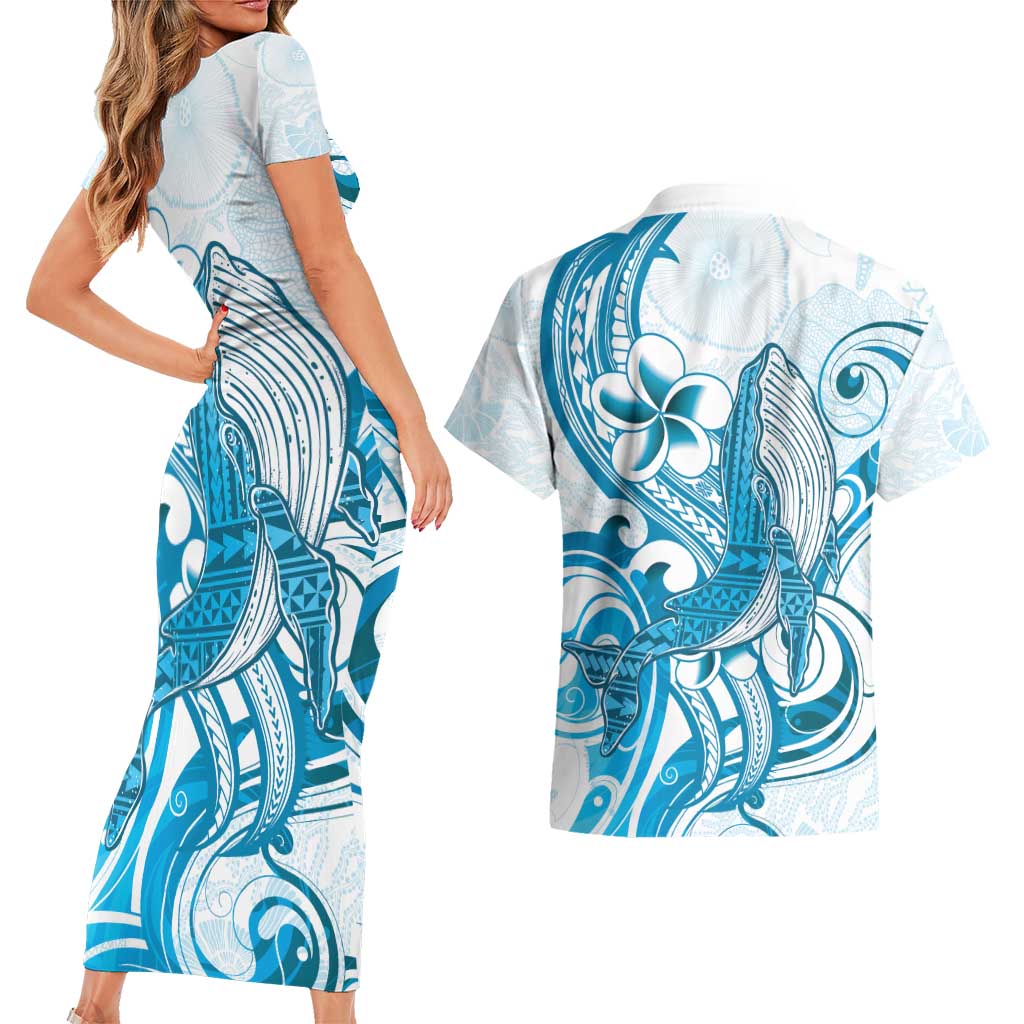 Blue Hawaii Humpback Whale Couples Matching Short Sleeve Bodycon Dress and Hawaiian Shirt Polynesian Tribal Ocean Vibes LT14 - Polynesian Pride