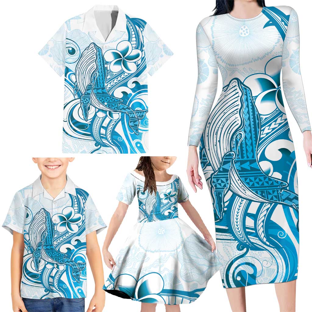 Blue Hawaii Humpback Whale Family Matching Long Sleeve Bodycon Dress and Hawaiian Shirt Polynesian Tribal Ocean Vibes