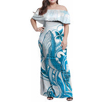 Blue Hawaii Humpback Whale Family Matching Off Shoulder Maxi Dress and Hawaiian Shirt Polynesian Tribal Ocean Vibes LT14 Mom's Dress Blue - Polynesian Pride
