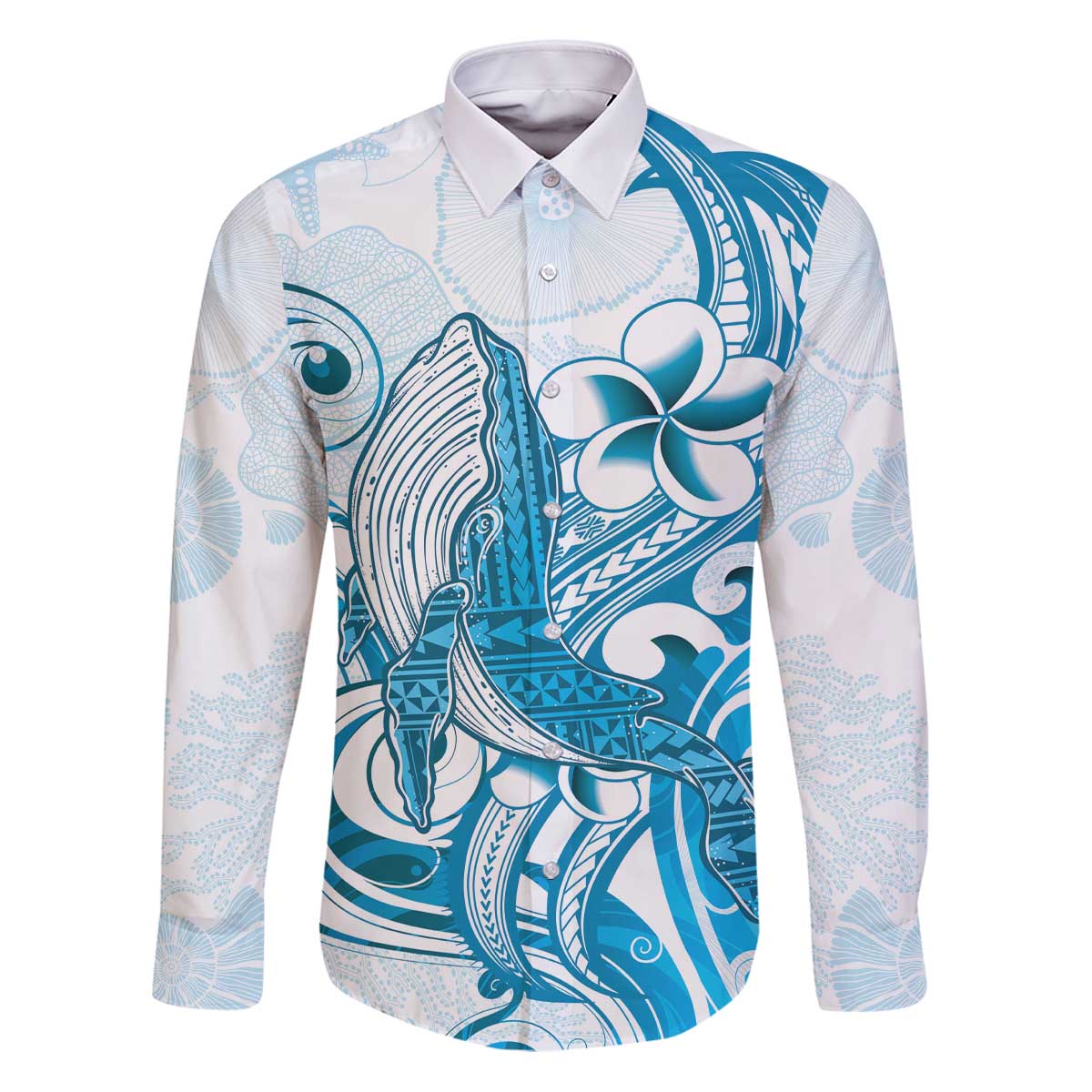 Blue Hawaii Humpback Whale Family Matching Puletasi and Hawaiian Shirt Polynesian Tribal Ocean Vibes LT14 Dad's Shirt - Long Sleeve Blue - Polynesian Pride