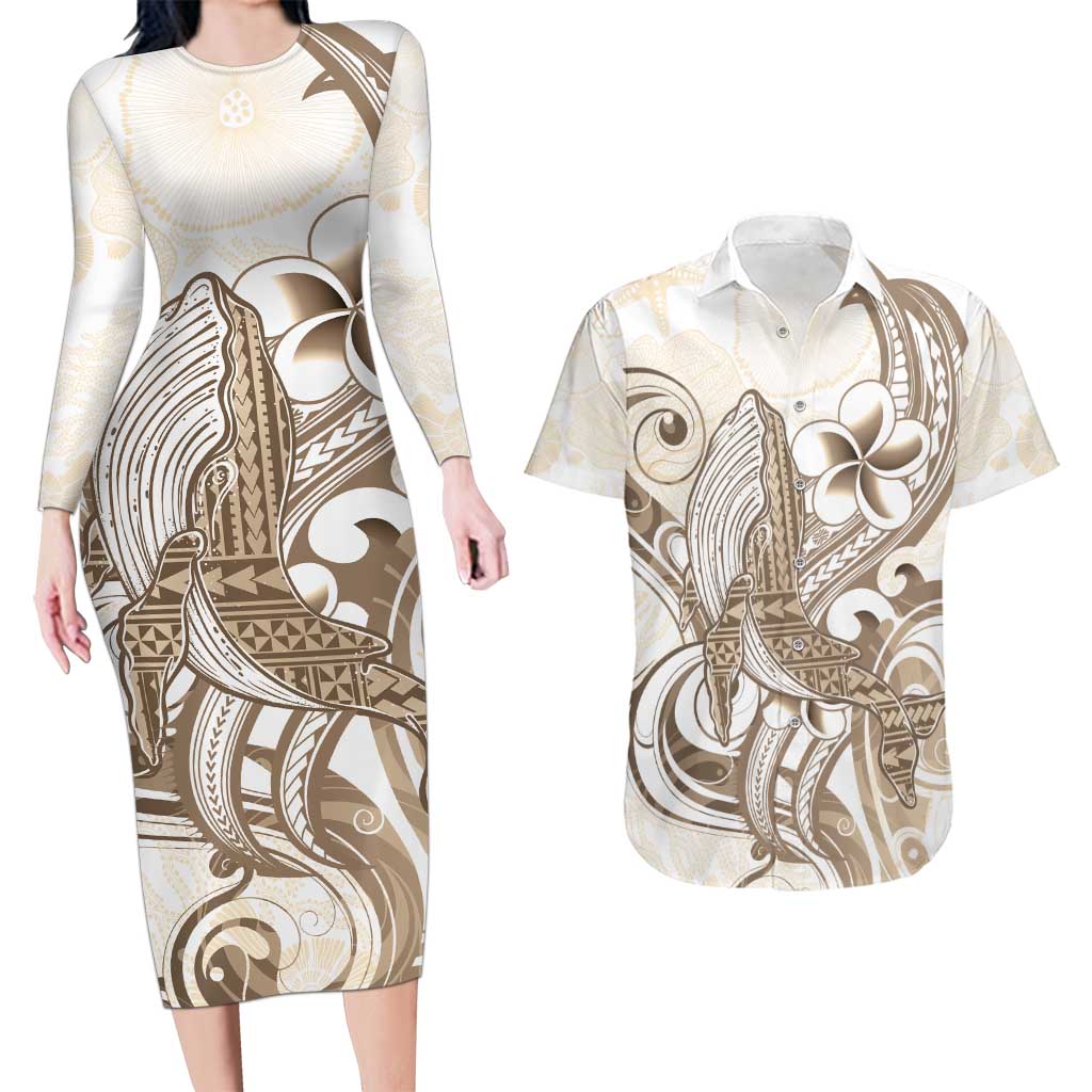 Brown Hawaii Humpback Whale Couples Matching Long Sleeve Bodycon Dress and Hawaiian Shirt Polynesian Tribal Ocean Vibes LT14 Brown - Polynesian Pride