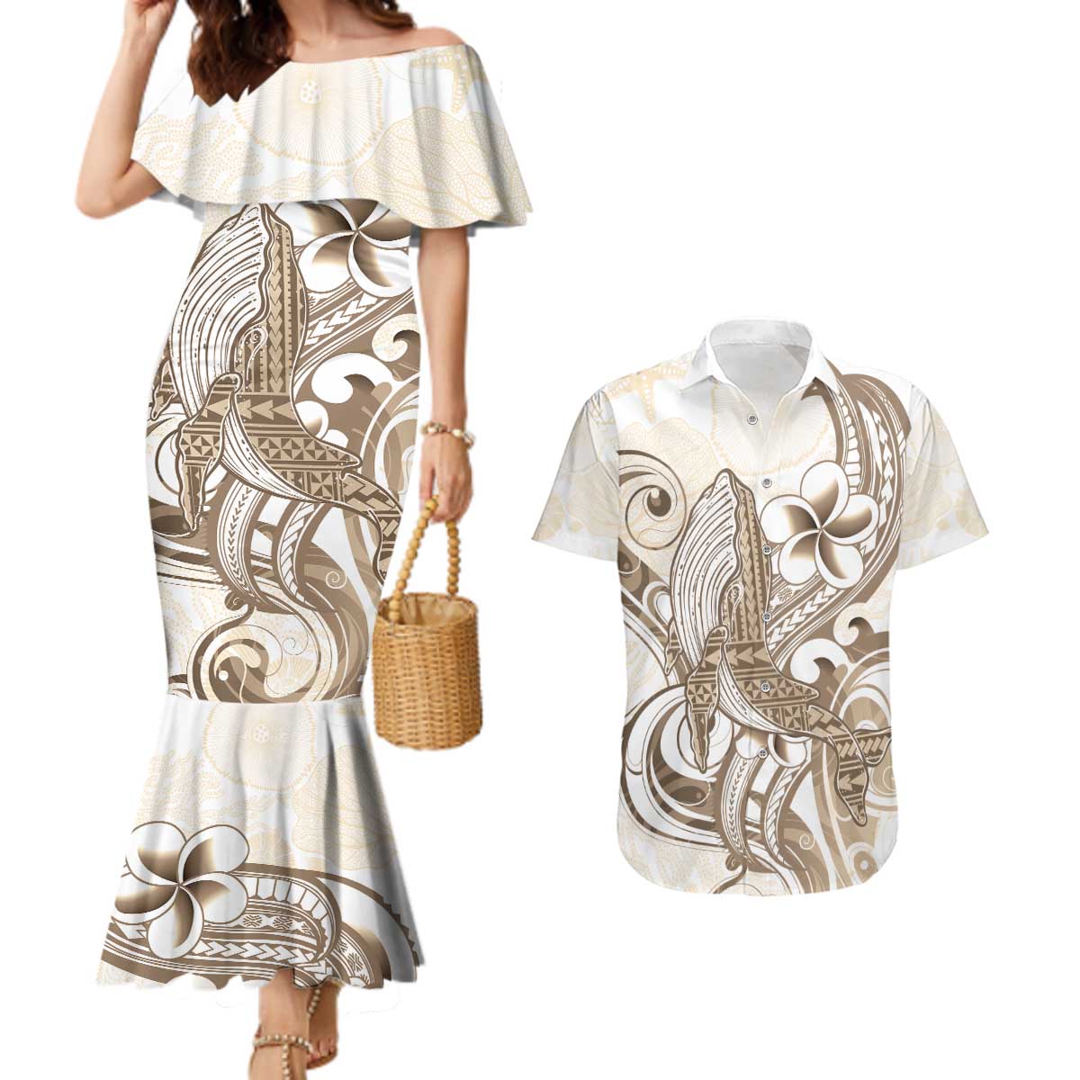 Brown Hawaii Humpback Whale Couples Matching Mermaid Dress and Hawaiian Shirt Polynesian Tribal Ocean Vibes LT14 Brown - Polynesian Pride