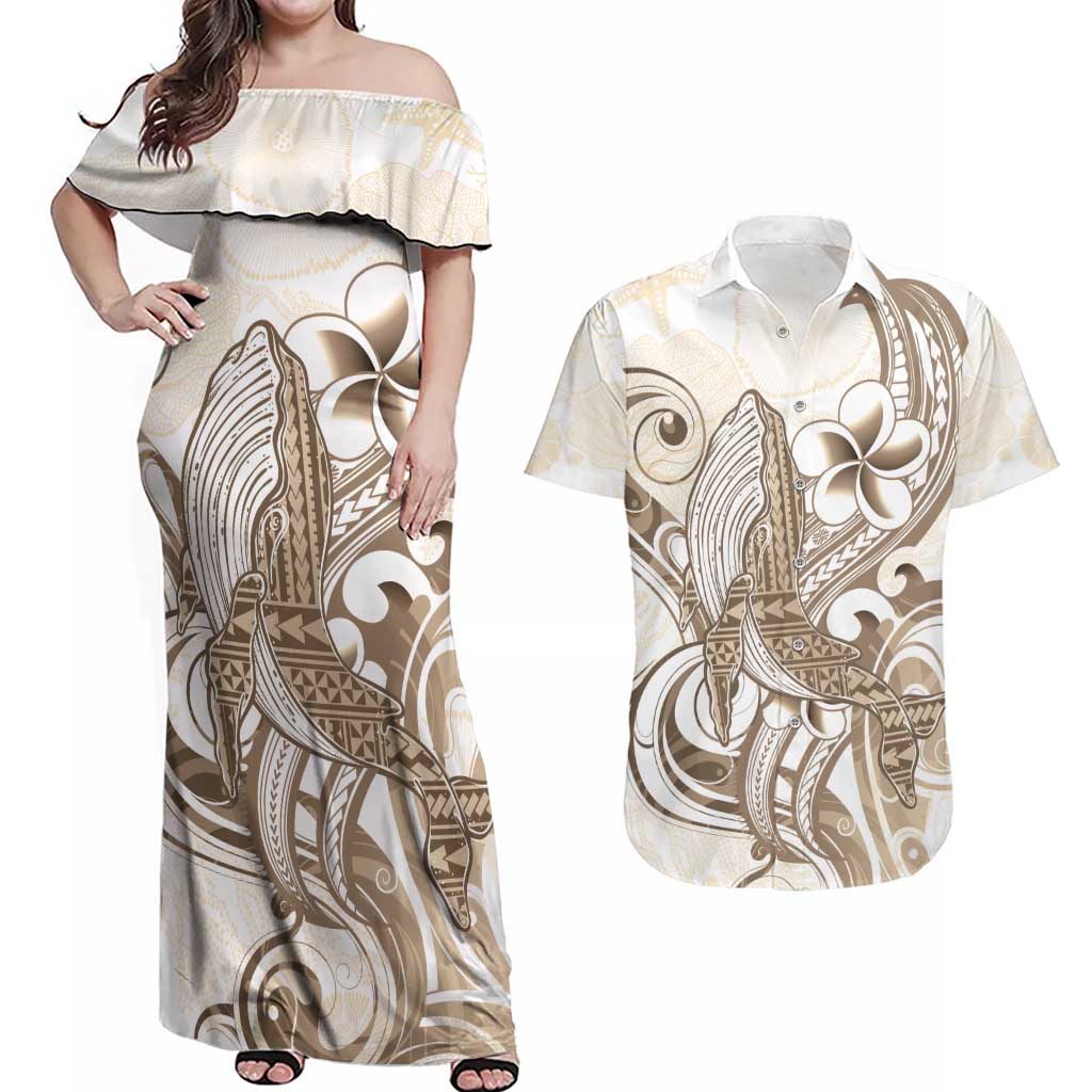 Brown Hawaii Humpback Whale Couples Matching Off Shoulder Maxi Dress and Hawaiian Shirt Polynesian Tribal Ocean Vibes LT14 Brown - Polynesian Pride