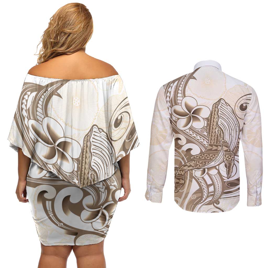 Brown Hawaii Humpback Whale Couples Matching Off Shoulder Short Dress and Long Sleeve Button Shirt Polynesian Tribal Ocean Vibes